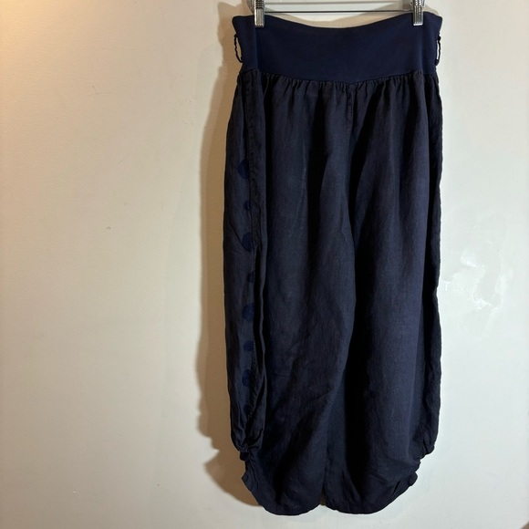 AMO Sz L-XL 100% Linen Harem Gathered Hem Polka Dots Soft Waist Slinky Pants - Picture 7 of 9